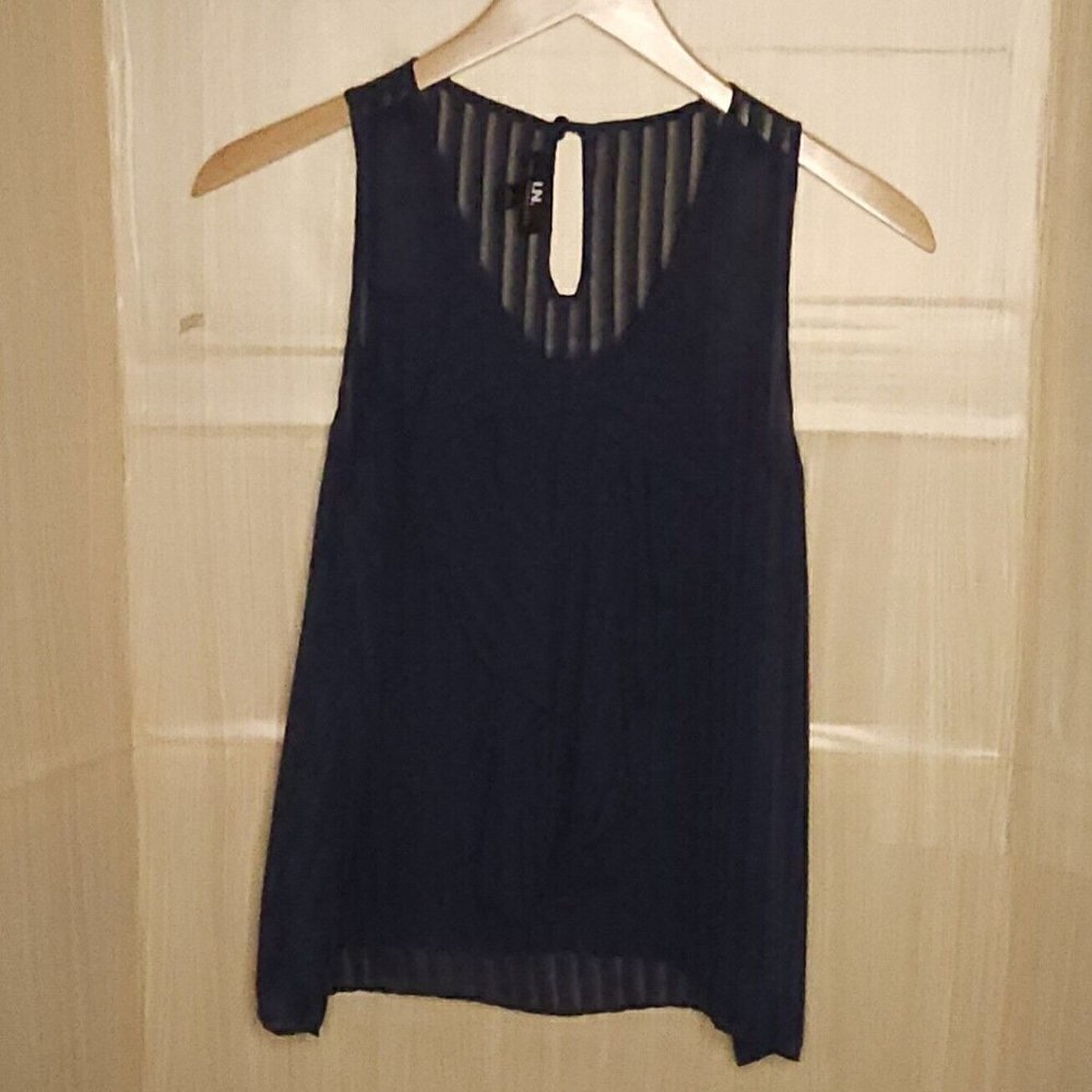 I.N San Francisco Navy Sheer Striped Sleeveless Silky Blouse Large